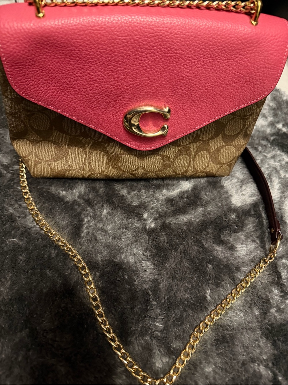 Coach Signature Canvas Shoulder Bag with Pink Leather Flap and Gold Chain